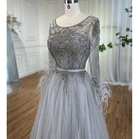 Grey A-Line Beading Feathers Design Evening Dresses 2025 Dubai Long Sleeves Luxury Formal Dress LA70472