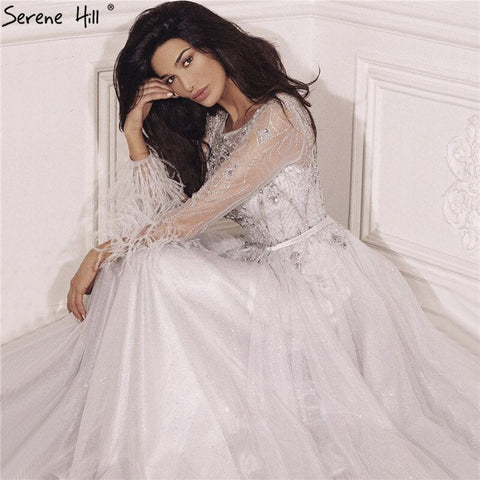 Grey A-Line Beading Feathers Design Evening Dresses 2025 Dubai Long Sleeves Luxury Formal Dress LA70472