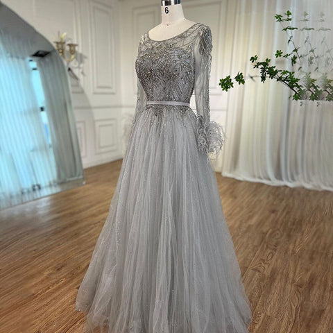 Grey A-Line Beading Feathers Design Evening Dresses 2025 Dubai Long Sleeves Luxury Formal Dress LA70472