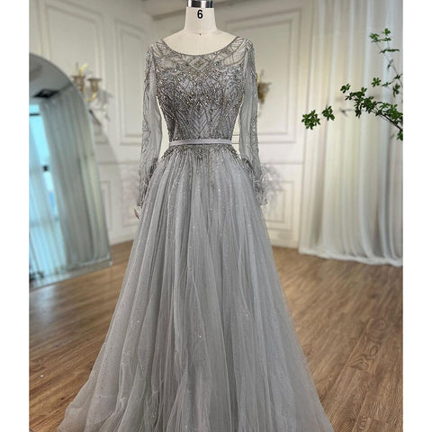Grey A-Line Beading Feathers Design Evening Dresses 2025 Dubai Long Sleeves Luxury Formal Dress LA70472