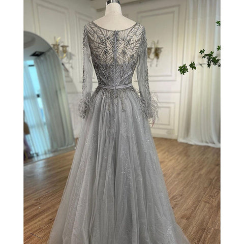 Grey A-Line Beading Feathers Design Evening Dresses 2025 Dubai Long Sleeves Luxury Formal Dress LA70472