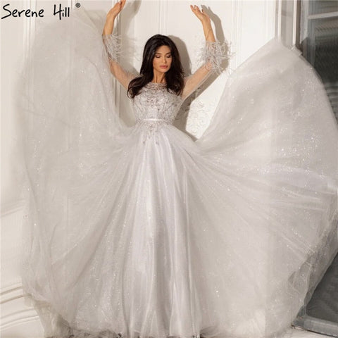 Grey A-Line Beading Feathers Design Evening Dresses 2025 Dubai Long Sleeves Luxury Formal Dress LA70472