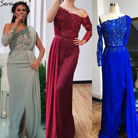 Grey A-Line Luxury High-end Evening Dresses One Shouder Handmade Flowers Pearls Formal Dress 2025 LA70553