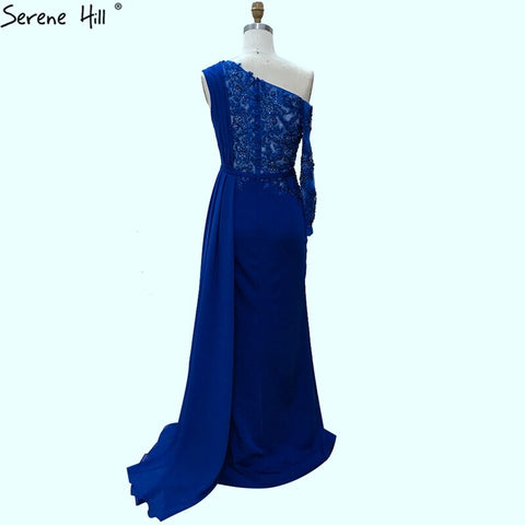 Grey A-Line Luxury High-end Evening Dresses One Shouder Handmade Flowers Pearls Formal Dress 2025 LA70553