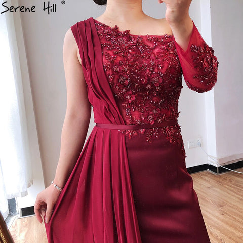 Grey A-Line Luxury High-end Evening Dresses One Shouder Handmade Flowers Pearls Formal Dress 2025 LA70553