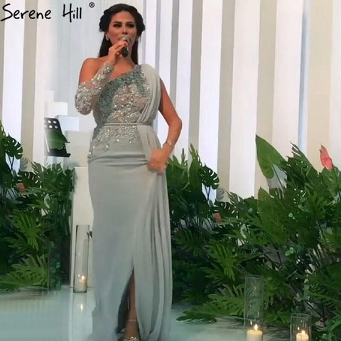 Grey A-Line Luxury High-end Evening Dresses One Shouder Handmade Flowers Pearls Formal Dress 2025 LA70553