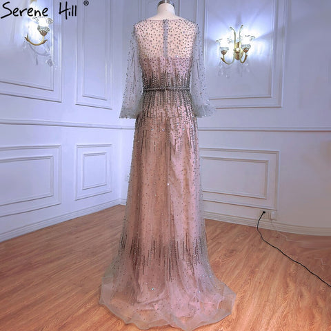 Grey A-Line Luxury Sparkle Dubai Evening Dresses 2025 Beading Long Sleeves Sexy Formal Dress LA70642