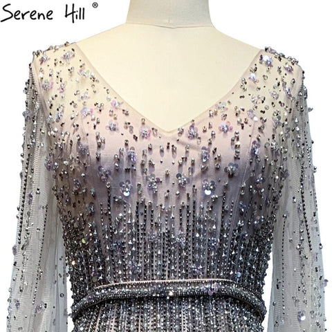Grey A-Line Luxury Sparkle Dubai Evening Dresses 2025 Beading Long Sleeves Sexy Formal Dress LA70642