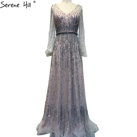 Grey A-Line Luxury Sparkle Dubai Evening Dresses 2025 Beading Long Sleeves Sexy Formal Dress LA70642