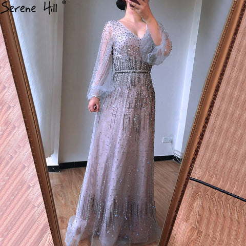 Grey A-Line Luxury Sparkle Dubai Evening Dresses 2025 Beading Long Sleeves Sexy Formal Dress LA70642