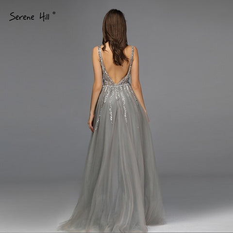 On Sale no return no refundSale Grey Backless A-Line V Neck Sleeveless Evening Dressese Beading Diamonds Sexy Evening Gowns Design 2025 LA70168