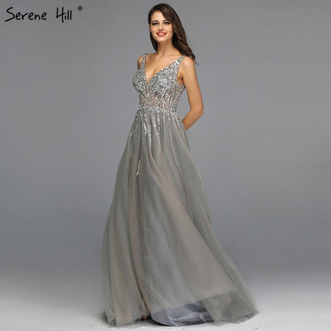 On Sale no return no refundSale Grey Backless A-Line V Neck Sleeveless Evening Dressese Beading Diamonds Sexy Evening Gowns Design 2025 LA70168