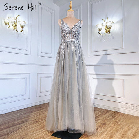 On Sale no return no refundSale Grey Backless A-Line V Neck Sleeveless Evening Dressese Beading Diamonds Sexy Evening Gowns Design 2025 LA70168