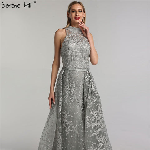 Grey Dubai Design Sleeveless Sexy Evening Dresses 2025 Embroidery Diamonds Mermaid Formal Dress Real Photo LA70014