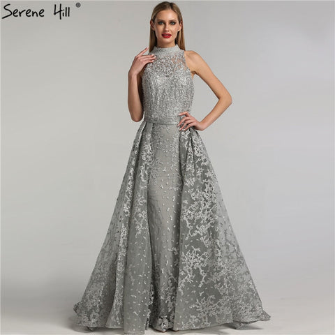 Grey Dubai Design Sleeveless Sexy Evening Dresses 2025 Embroidery Diamonds Mermaid Formal Dress Real Photo LA70014