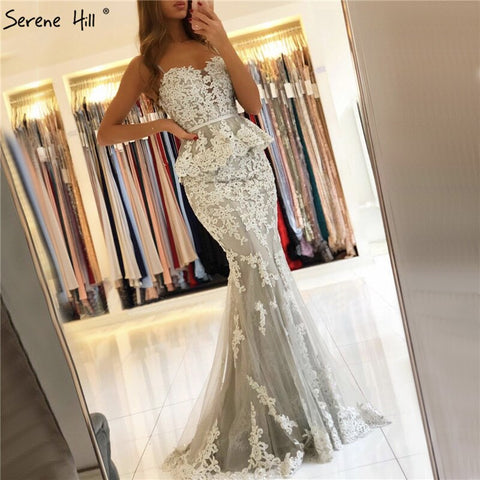 On Sale no return no refundSale Grey Fake Two Pieces Mermaid Evening Dresses 2025 Sleeveless Sexy Lace Evening Gowns Long LA70247