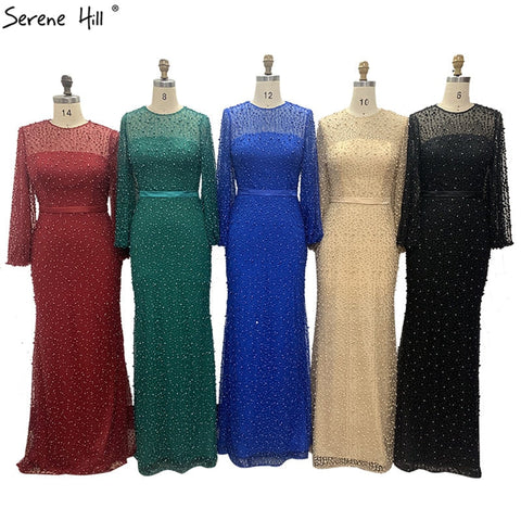 On Sale no return no refundSale Grey Full Pearls Mermaid Evening Dresses 2025 Long Sleeves Sexy Fashion Formal Evening Gowns Plus Size LA6556