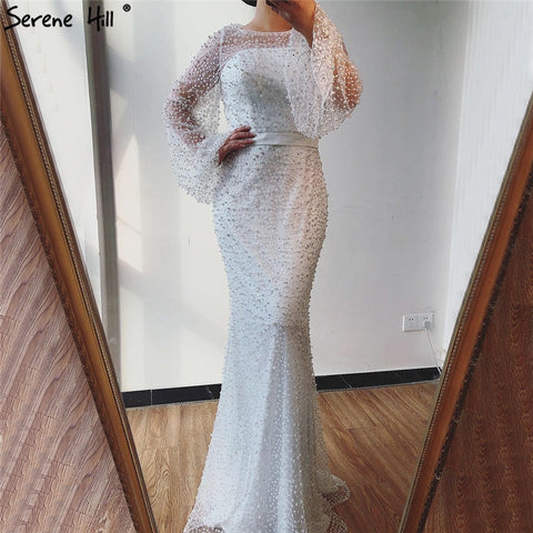On Sale no return no refundSale Grey Full Pearls Mermaid Evening Dresses 2025 Long Sleeves Sexy Fashion Formal Evening Gowns Plus Size LA6556