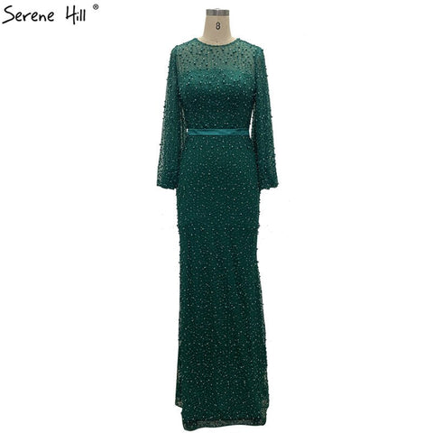 On Sale no return no refundSale Grey Full Pearls Mermaid Evening Dresses 2025 Long Sleeves Sexy Fashion Formal Evening Gowns Plus Size LA6556