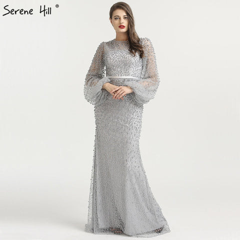 On Sale no return no refundSale Grey Full Pearls Mermaid Evening Dresses 2025 Long Sleeves Sexy Fashion Formal Evening Gowns Plus Size LA6556