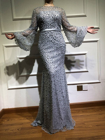 On Sale no return no refundSale Grey Full Pearls Mermaid Evening Dresses 2025 Long Sleeves Sexy Fashion Formal Evening Gowns Plus Size LA6556