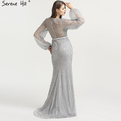 On Sale no return no refundSale Grey Full Pearls Mermaid Evening Dresses 2025 Long Sleeves Sexy Fashion Formal Evening Gowns Plus Size LA6556
