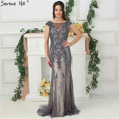 On Sale no return no refundSale Grey High-end Luxury Dubai Design Evening Dress Beading Sequined Sleeveless Sparkle Evening Gowns 2025 LA6679