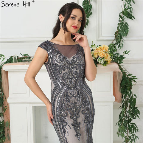 On Sale no return no refundSale Grey High-end Luxury Dubai Design Evening Dress Beading Sequined Sleeveless Sparkle Evening Gowns 2025 LA6679