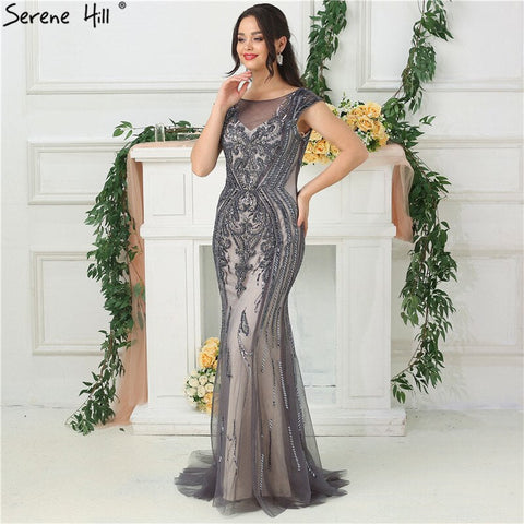 On Sale no return no refundSale Grey High-end Luxury Dubai Design Evening Dress Beading Sequined Sleeveless Sparkle Evening Gowns 2025 LA6679