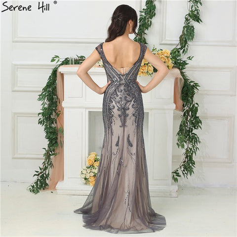 On Sale no return no refundSale Grey High-end Luxury Dubai Design Evening Dress Beading Sequined Sleeveless Sparkle Evening Gowns 2025 LA6679