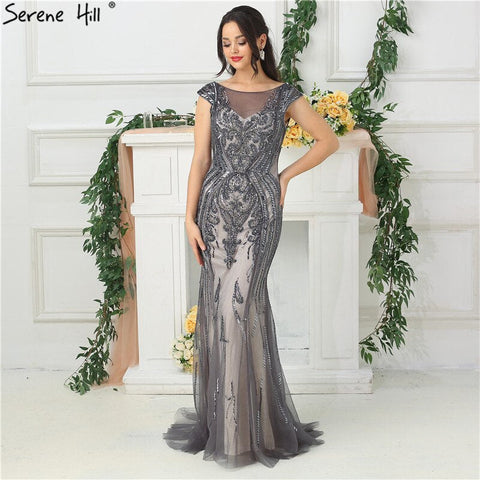 On Sale no return no refundSale Grey High-end Luxury Dubai Design Evening Dress Beading Sequined Sleeveless Sparkle Evening Gowns 2025 LA6679
