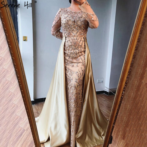 Grey Long Sleeve Sexy Luxury Evening Dress 2025 Mermaid Sequined Beading O-Neck Evening Dress Real Photo LA70174