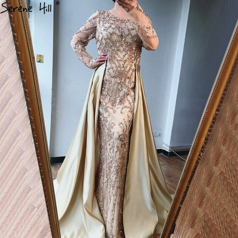 Grey Long Sleeve Sexy Luxury Evening Dress 2025 Mermaid Sequined Beading O-Neck Evening Dress Real Photo LA70174