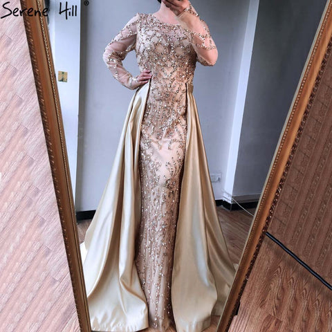 Grey Long Sleeve Sexy Luxury Evening Dress 2025 Mermaid Sequined Beading O-Neck Evening Dress Real Photo LA70174