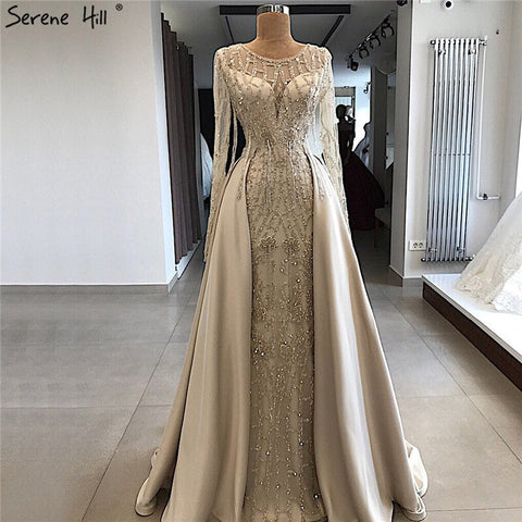 Grey Long Sleeve Sexy Luxury Evening Dress 2025 Mermaid Sequined Beading O-Neck Evening Dress Real Photo LA70174