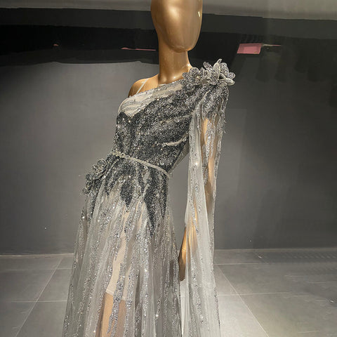 Grey Luxury Beaded A-Line Evening Dresses Gowns 2025 One Shoulder Cape Sleeve For Women Party LA71626