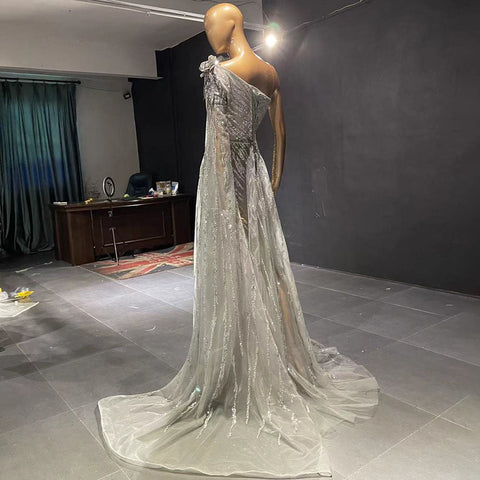Grey Luxury Beaded A-Line Evening Dresses Gowns 2025 One Shoulder Cape Sleeve For Women Party LA71626