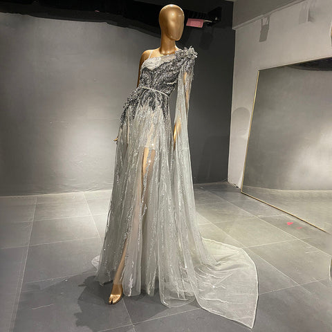 Grey Luxury Beaded A-Line Evening Dresses Gowns 2025 One Shoulder Cape Sleeve For Women Party LA71626
