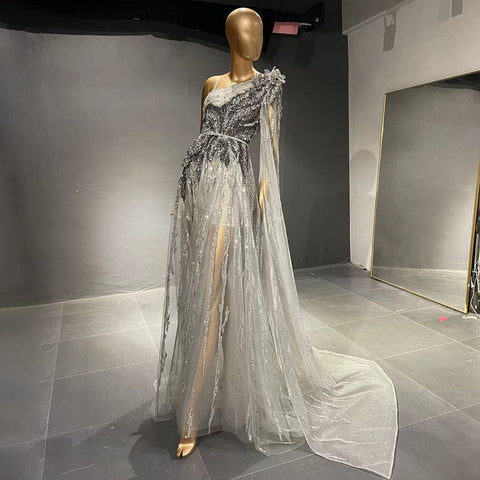Grey Luxury Beaded A-Line Evening Dresses Gowns 2025 One Shoulder Cape Sleeve For Women Party LA71626
