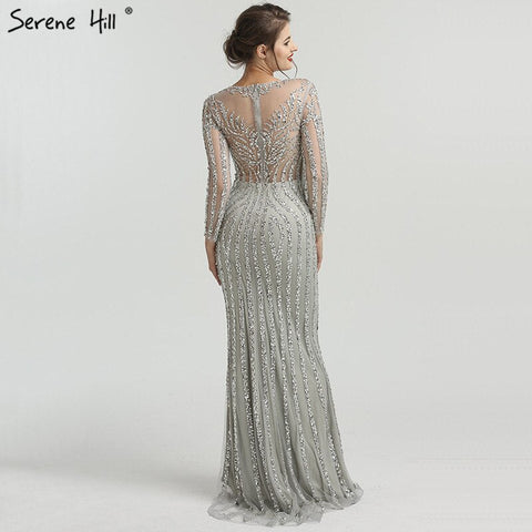 Grey Luxury Long Sleeves Sparkly Evening Dresses Mermaid Sexy Diamond Beading Formal Dress 2025 Real Photo LA6591