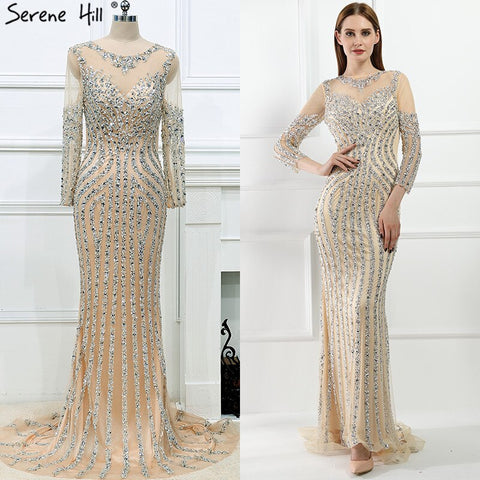 Grey Luxury Long Sleeves Sparkly Evening Dresses Mermaid Sexy Diamond Beading Formal Dress 2025 Real Photo LA6591