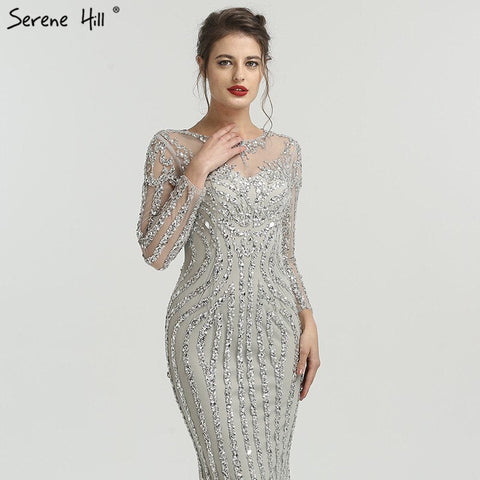 Grey Luxury Long Sleeves Sparkly Evening Dresses Mermaid Sexy Diamond Beading Formal Dress 2025 Real Photo LA6591