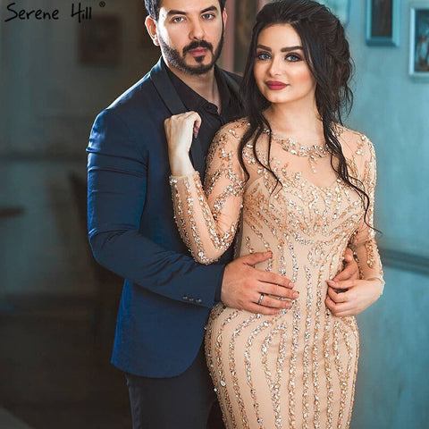 Grey Luxury Long Sleeves Sparkly Evening Dresses Mermaid Sexy Diamond Beading Formal Dress 2025 Real Photo LA6591