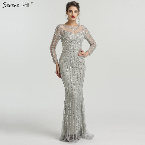 Grey Luxury Long Sleeves Sparkly Evening Dresses Mermaid Sexy Diamond Beading Formal Dress 2025 Real Photo LA6591