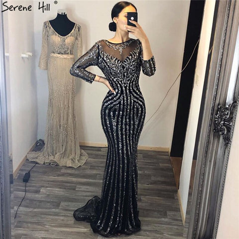 Grey Luxury Long Sleeves Sparkly Evening Dresses Mermaid Sexy Diamond Beading Formal Dress 2025 Real Photo LA6591