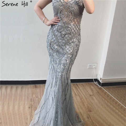 Grey Luxury V-Neck Mermaid Evening Dresses Design 2025 Dubai Full Diamond Sexy Formal Dress LA70063