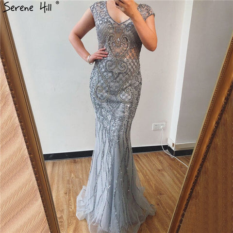 Grey Luxury V-Neck Mermaid Evening Dresses Design 2025 Dubai Full Diamond Sexy Formal Dress LA70063