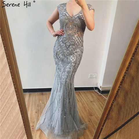 Grey Luxury V-Neck Mermaid Evening Dresses Design 2025 Dubai Full Diamond Sexy Formal Dress LA70063