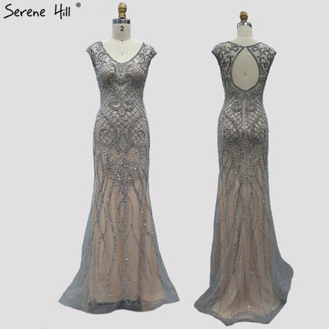 Grey Luxury V-Neck Mermaid Evening Dresses Design 2025 Dubai Full Diamond Sexy Formal Dress LA70063
