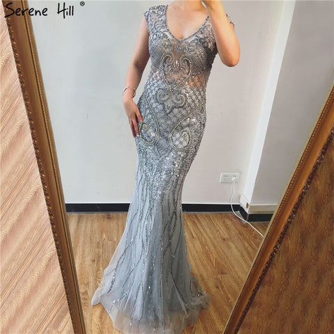 Grey Luxury V-Neck Mermaid Evening Dresses Design 2025 Dubai Full Diamond Sexy Formal Dress LA70063